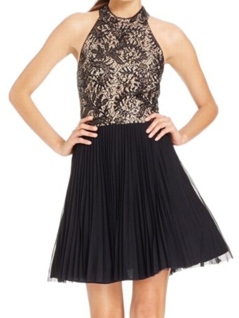 Black Nude Lace Flare Sequin Mesh Sheath Sleeveless Cocktail Party Dress